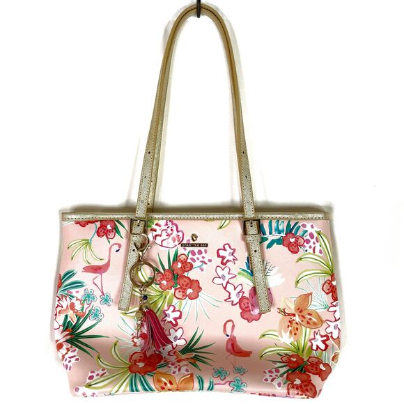 Spartina 449Pink Flamingo Print Genuine Leather Shoulder Bag Purse Tropical